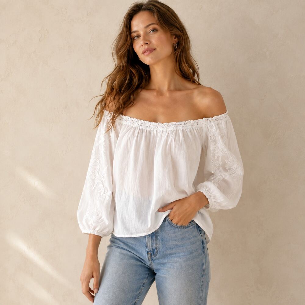 Anthropologie Leifsdottir Cadena White Embroidered Peasant Top Small Cottagecore